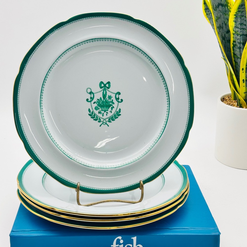 Vintage Copeland Spode Green Newburyport 10" Dinner Plates Set of 4 Gold Rim